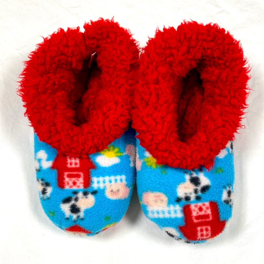 Snoozies! Farm themed red and blue slippers size large